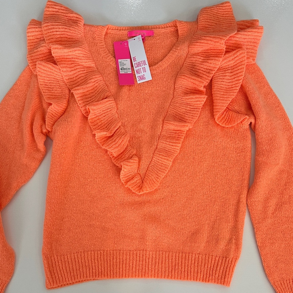 Lilly Pulitzer Vibrant Orange Ruffled V-Neck Sweater